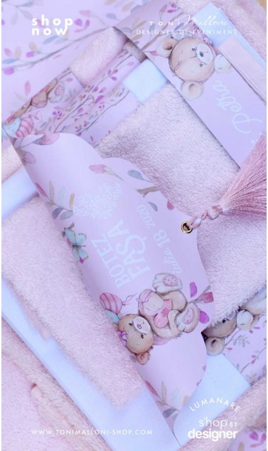 Trusou botez cu ursuleti roz si broderie personalizata Teddy Bear Pink 1